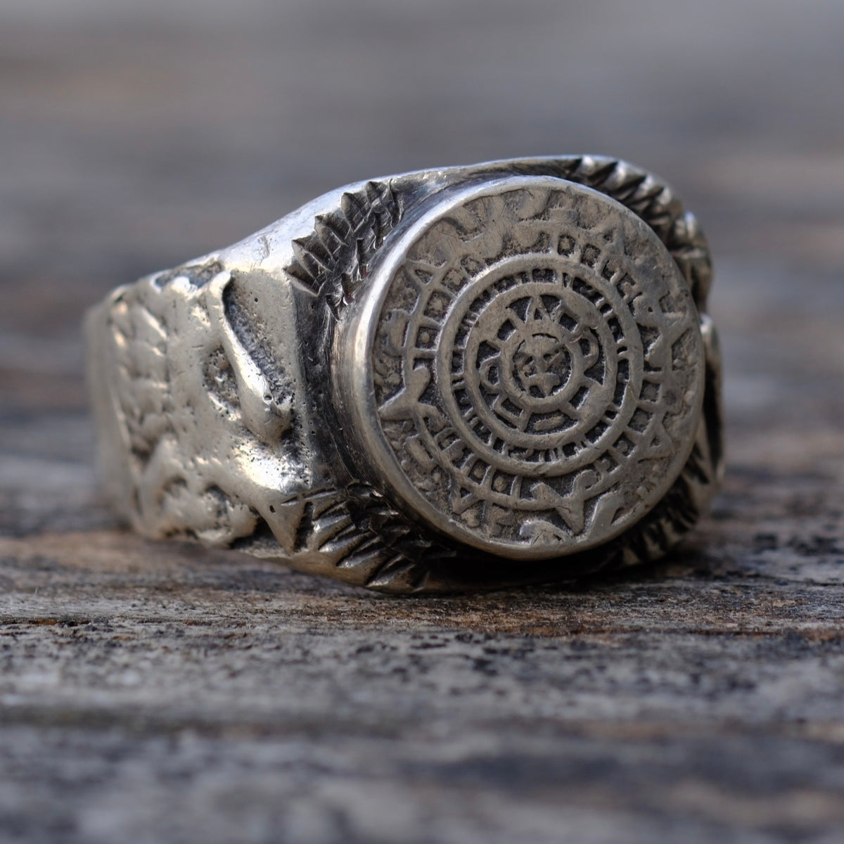 Vintage Sterling Silver Aztec Calendar Signet Ring 9.75