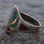 Vintage Sterling Crushed Turquoise and Coral Inlay Sweet Leaf Ring 8.5