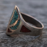 Vintage Sterling Crushed Turquoise and Coral Inlay Sweet Leaf Ring 8.5