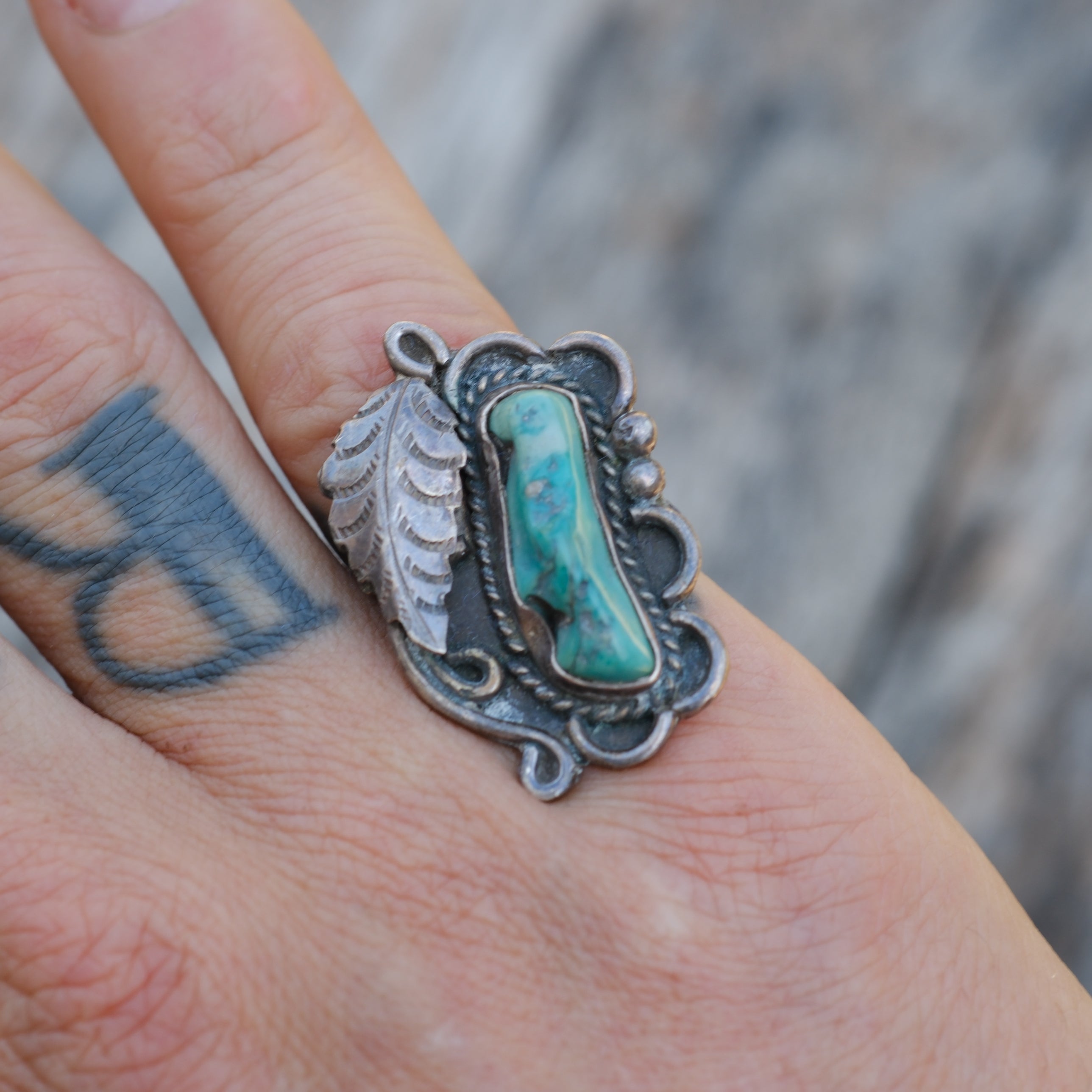 Vintage Sterling Turquoise Feather Ring 6