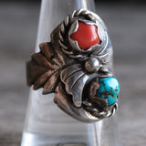 Vintage Sterling Turquoise and Coral Feather Ring 9.75