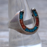 Vintage Sterling Crushed Turquoise and Coral Horseshoe Ring 9