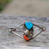 Vintage Sterling Turquoise and Coral Feather Cuff