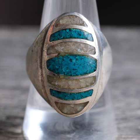 Vintage Sterling Crushed MOP and Turquoise Inlay Ring 9.75