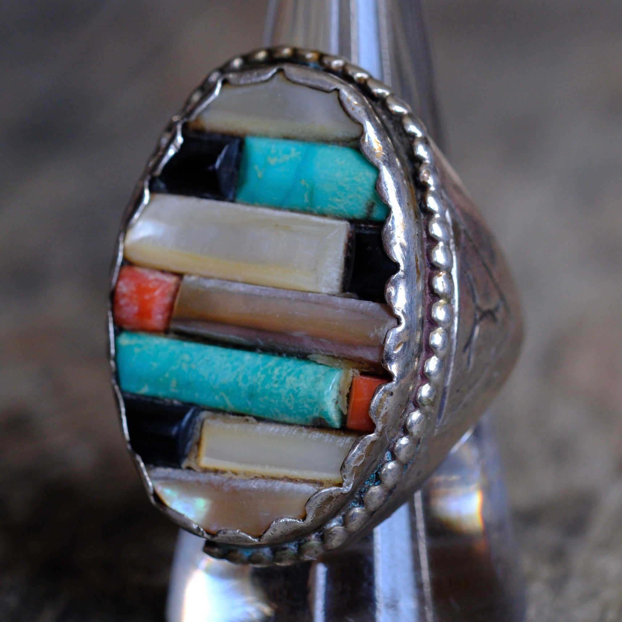 Vintage Sterling Multistone Inlay Row Ring 10