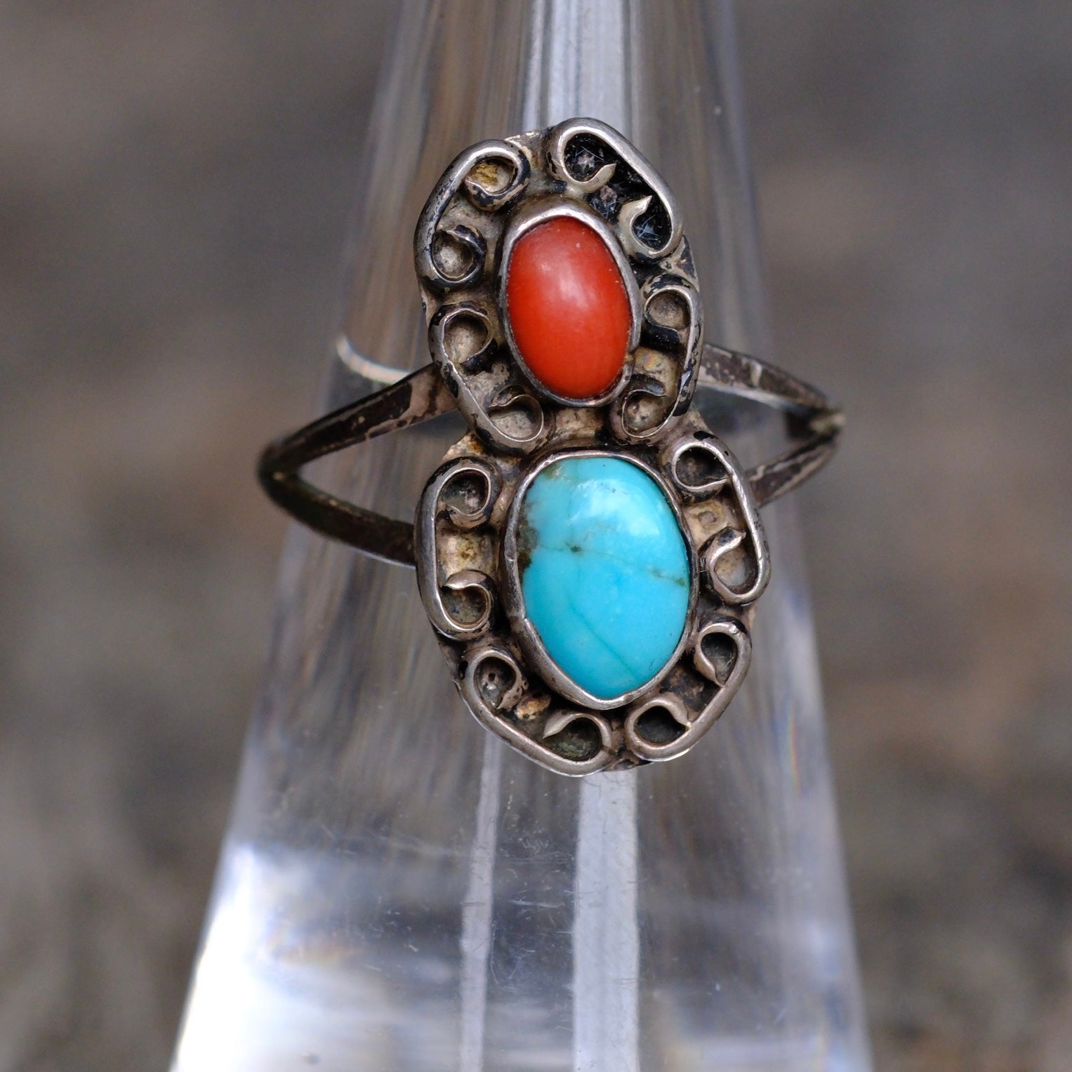 Vintage Sterling Turquoise and Coral Ring 5.75