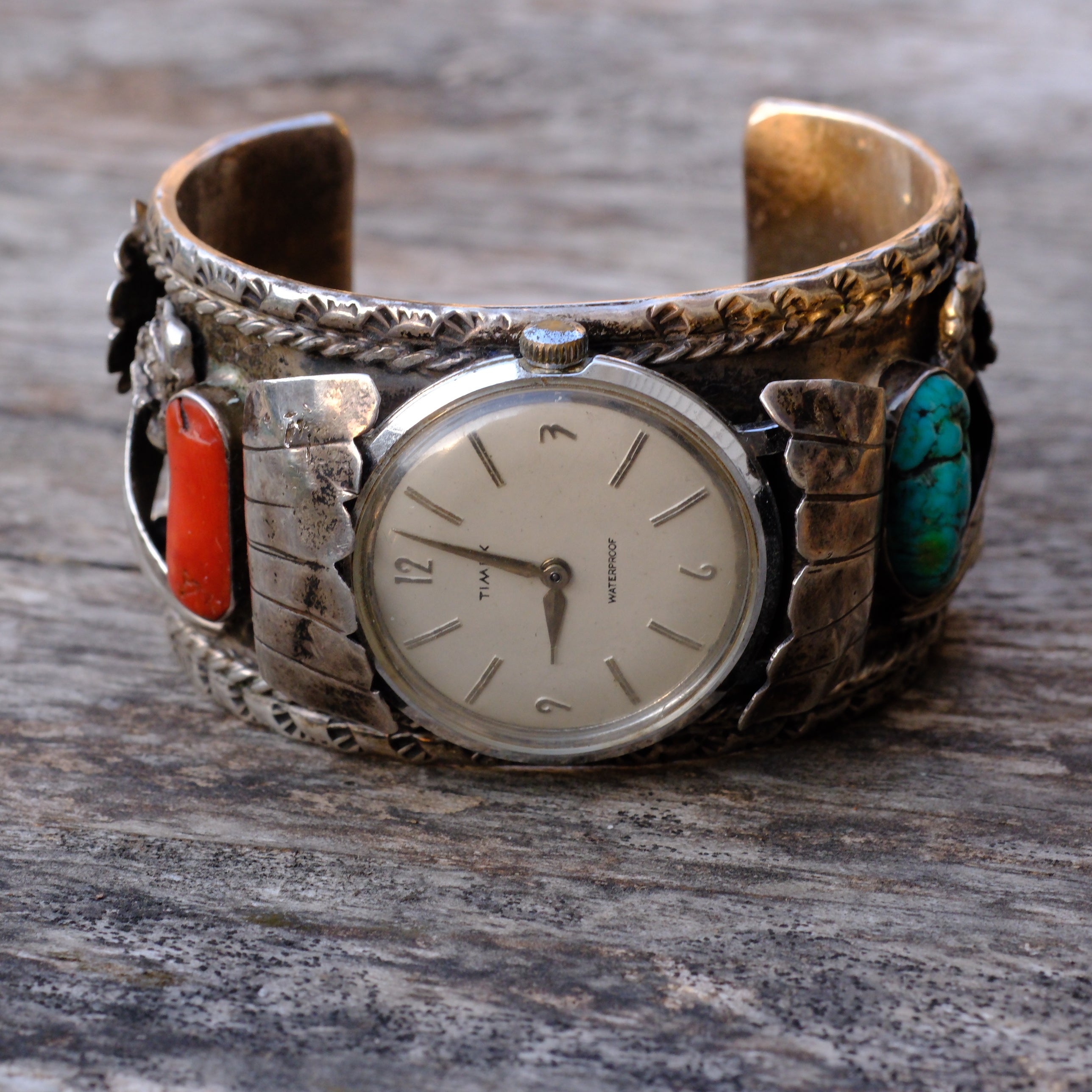 Heavy Vintage Sterling Turquoise and Coral  Cuff Watch Cuff Bracelet