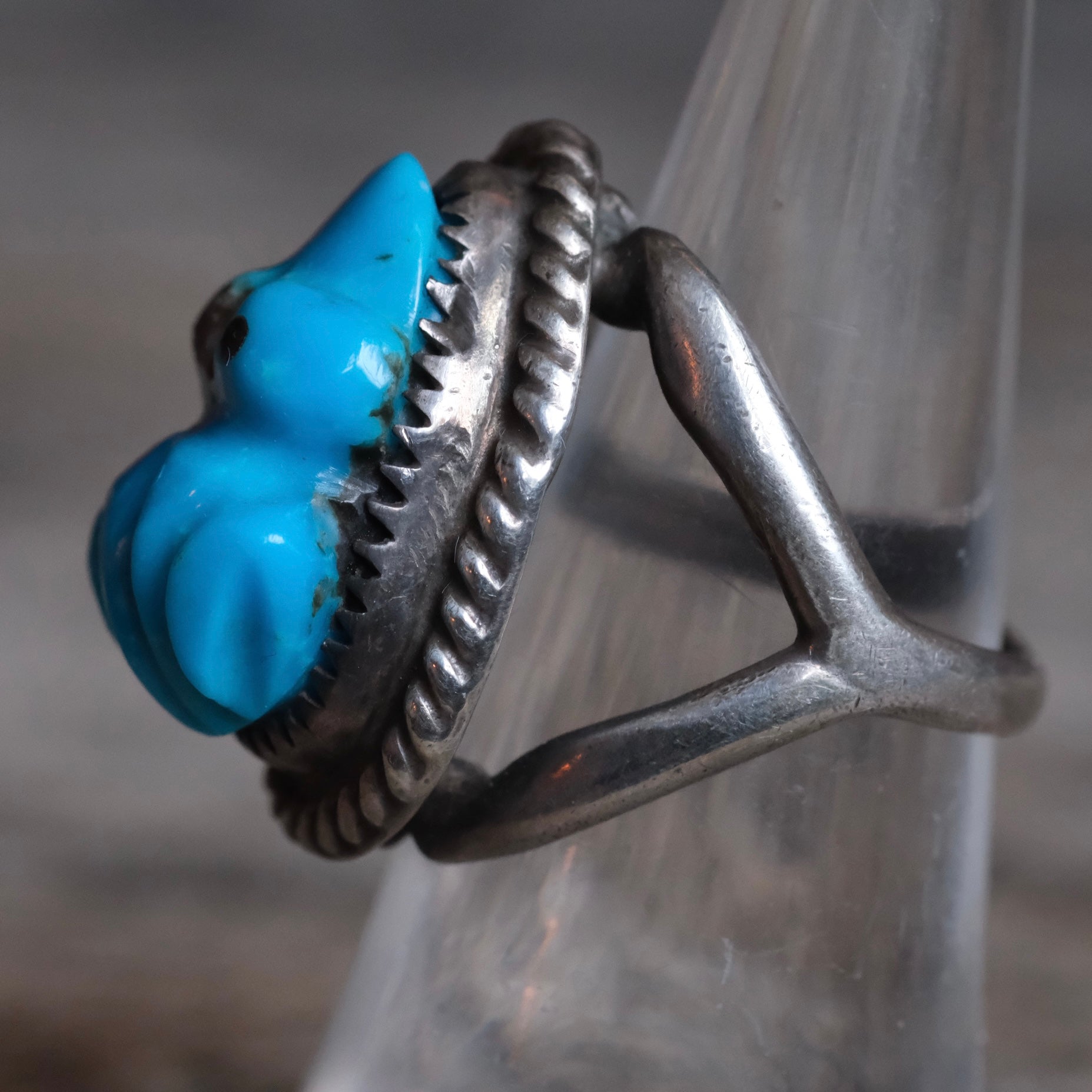 Vintage Sterling Carved Turquoise Frog Ring 7