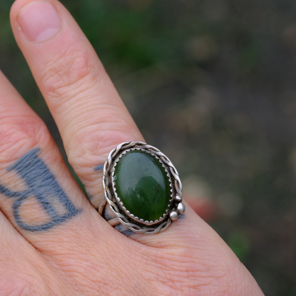 Vintage Sterling Jade Roper Ring 6.75