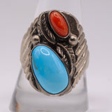 Vintage Sterling Turquoise and Coral Feather Ring 10.75