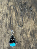 Vintage Sterling Silver Onyx & Turquoise Teardrop Inlay Necklace