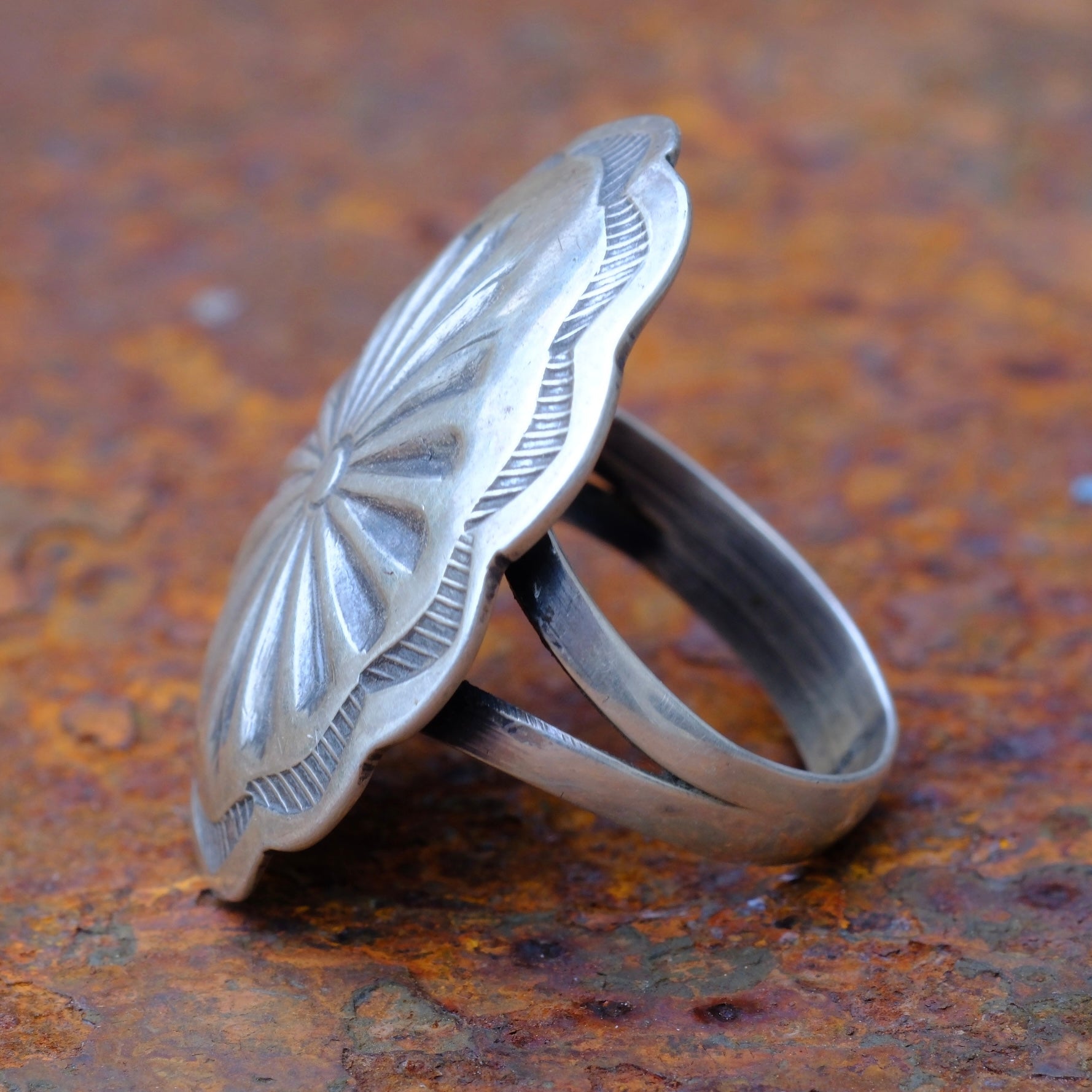 Vintage Sterling Stamped Concho Ring 8.75
