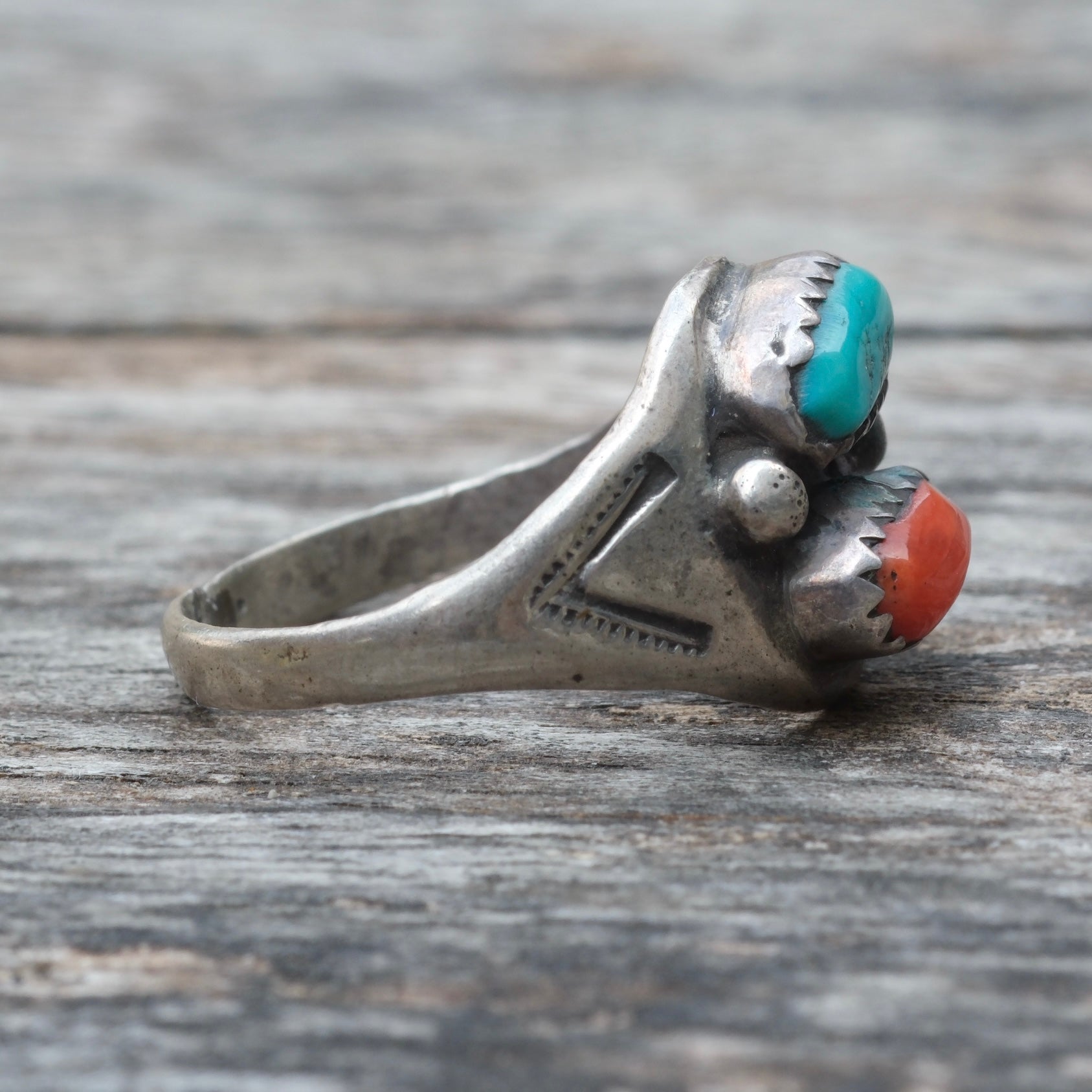 Vintage Sterling Turquoise and Coral Ring 6.25