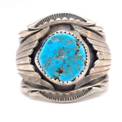 Vintage Sterling Turquoise Ribbed Band Ring 10.25