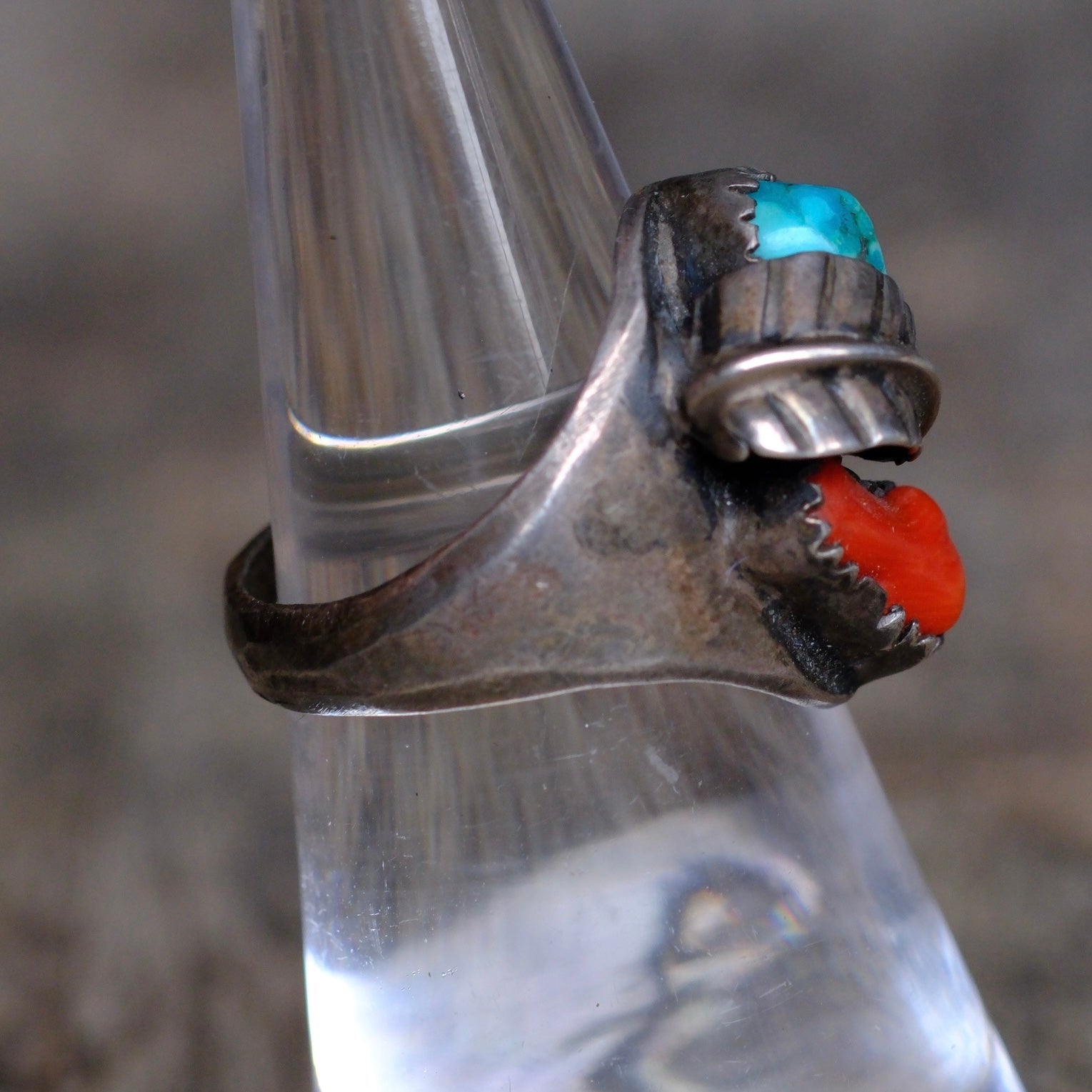 Vintage Sterling Turquoise and Coral Feather Ring 6