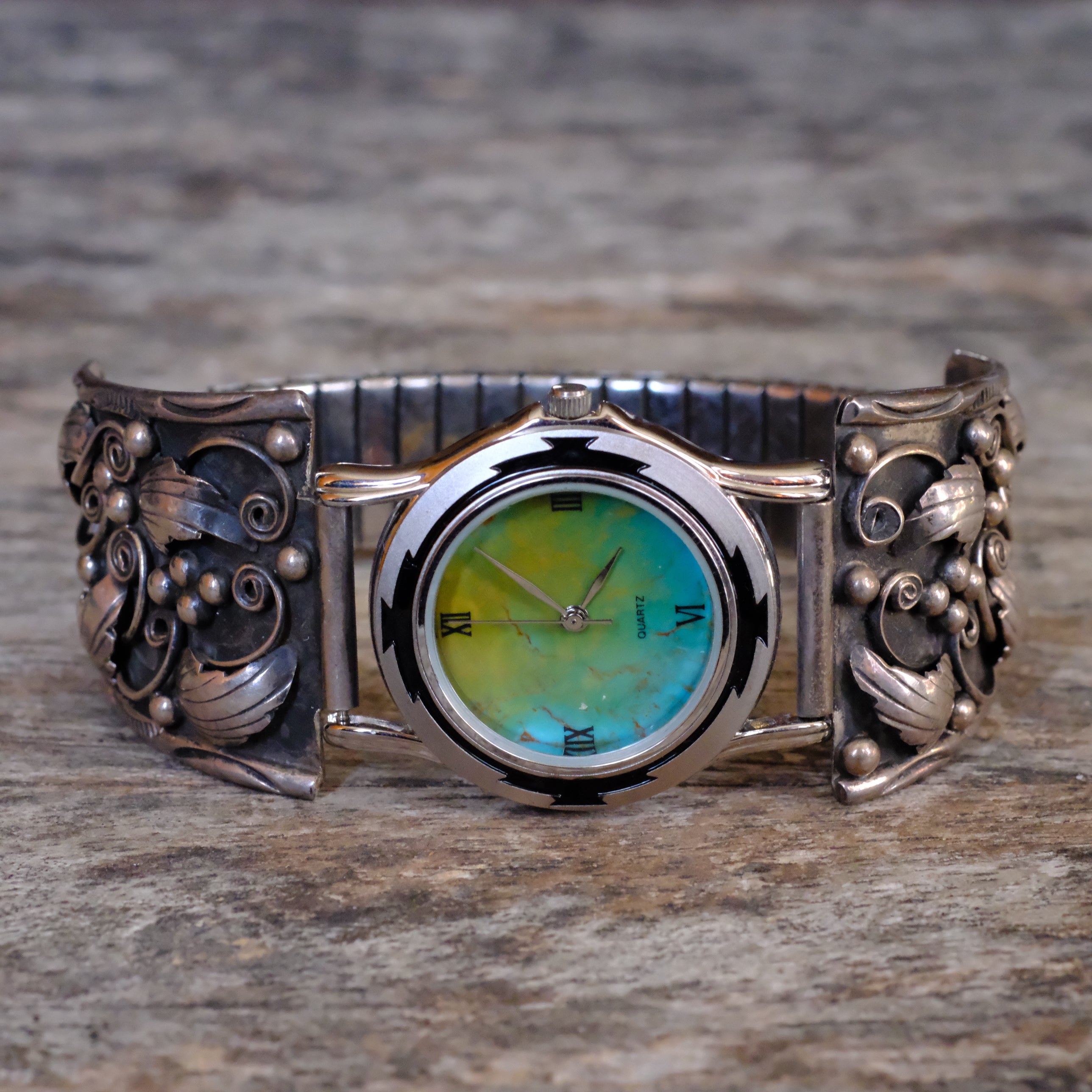 Vintage Sterling Feather Watch With Turquoise Dial