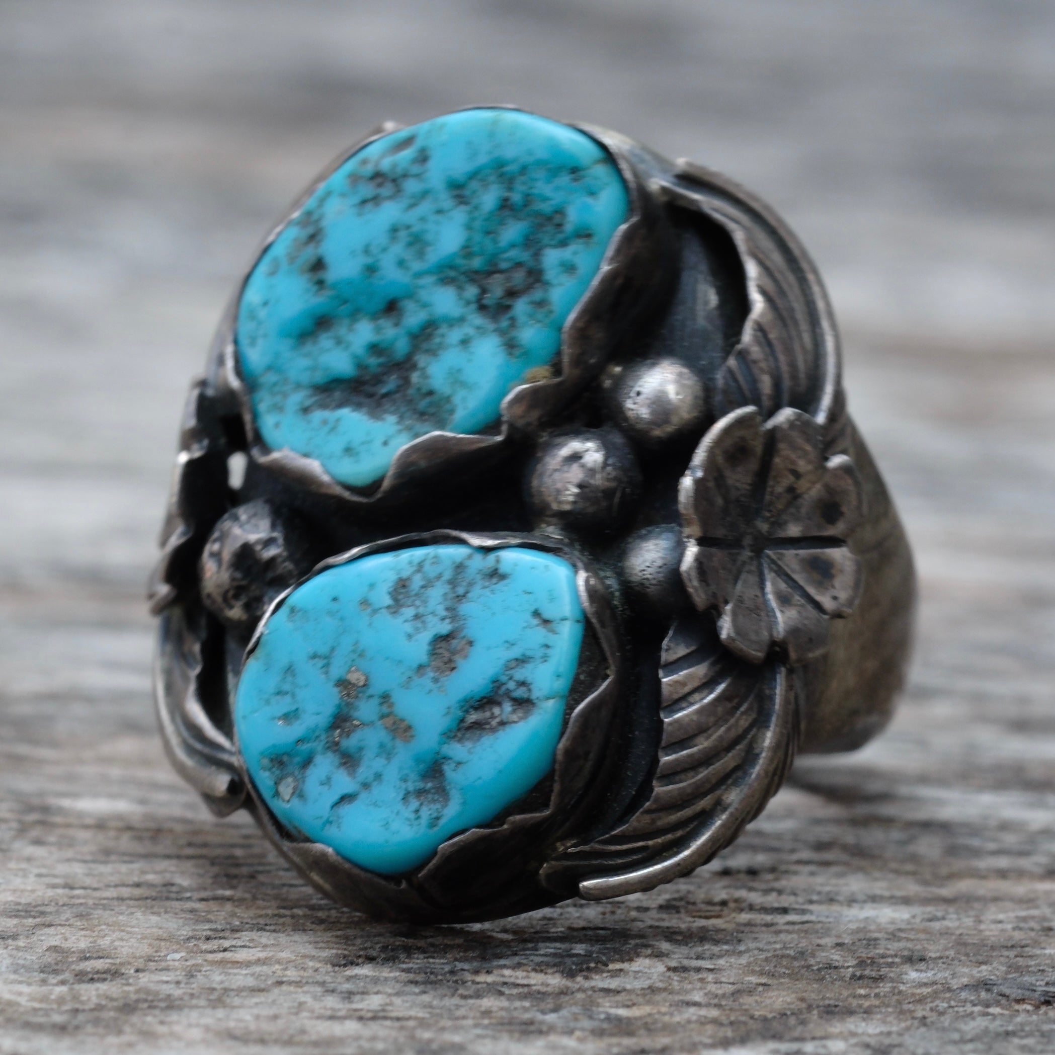 Vintage Sterling 2-Stone Turquoise Feather Ring 11