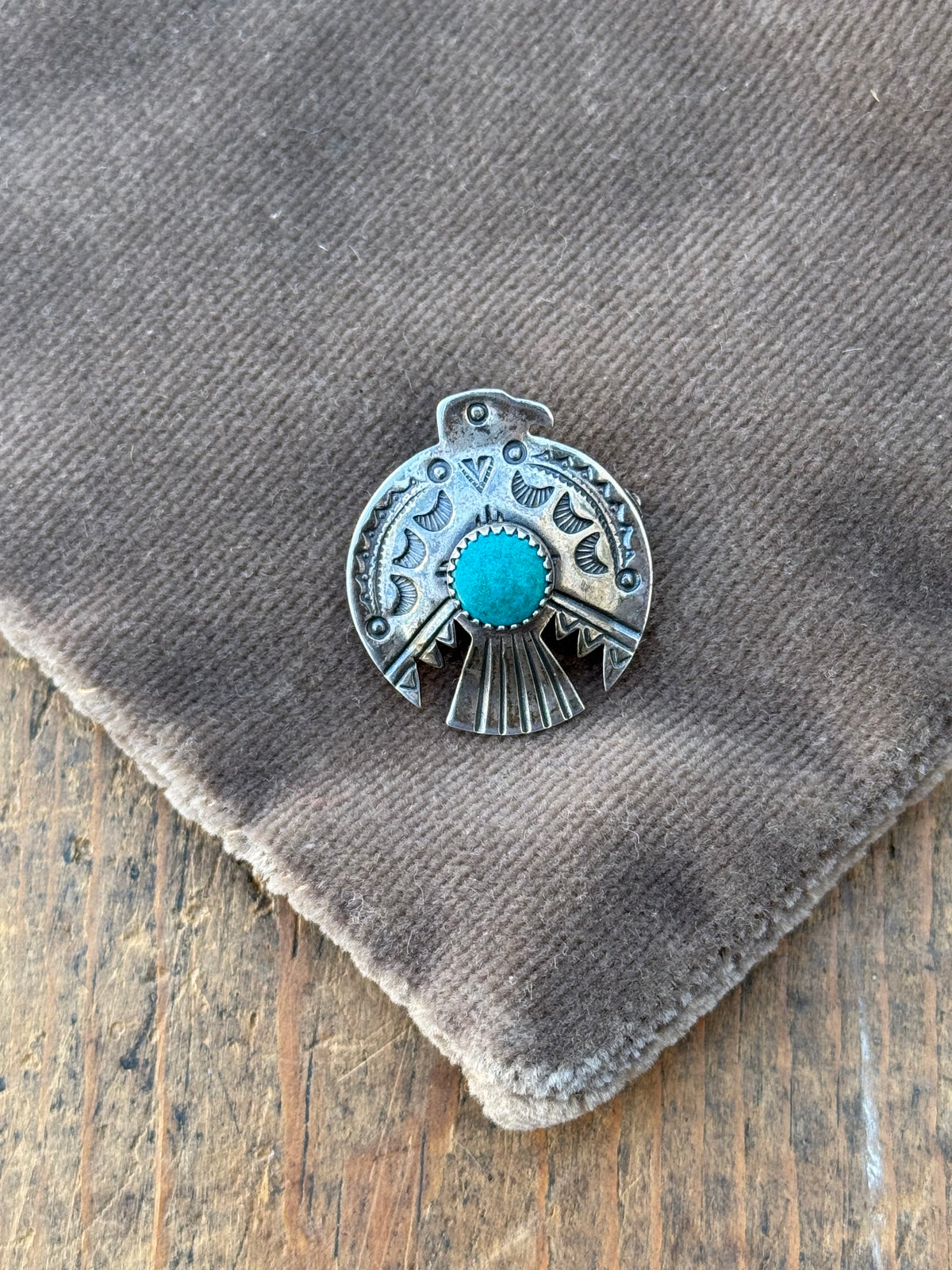 Vintage Sterling Silver Stamped Turquoise Thunderbird Pin