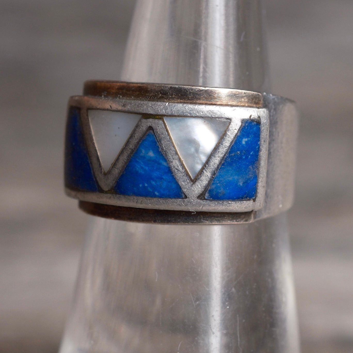 Vintage Sterling Lapis and Mother Of Pearl Inlay Ring 5.75