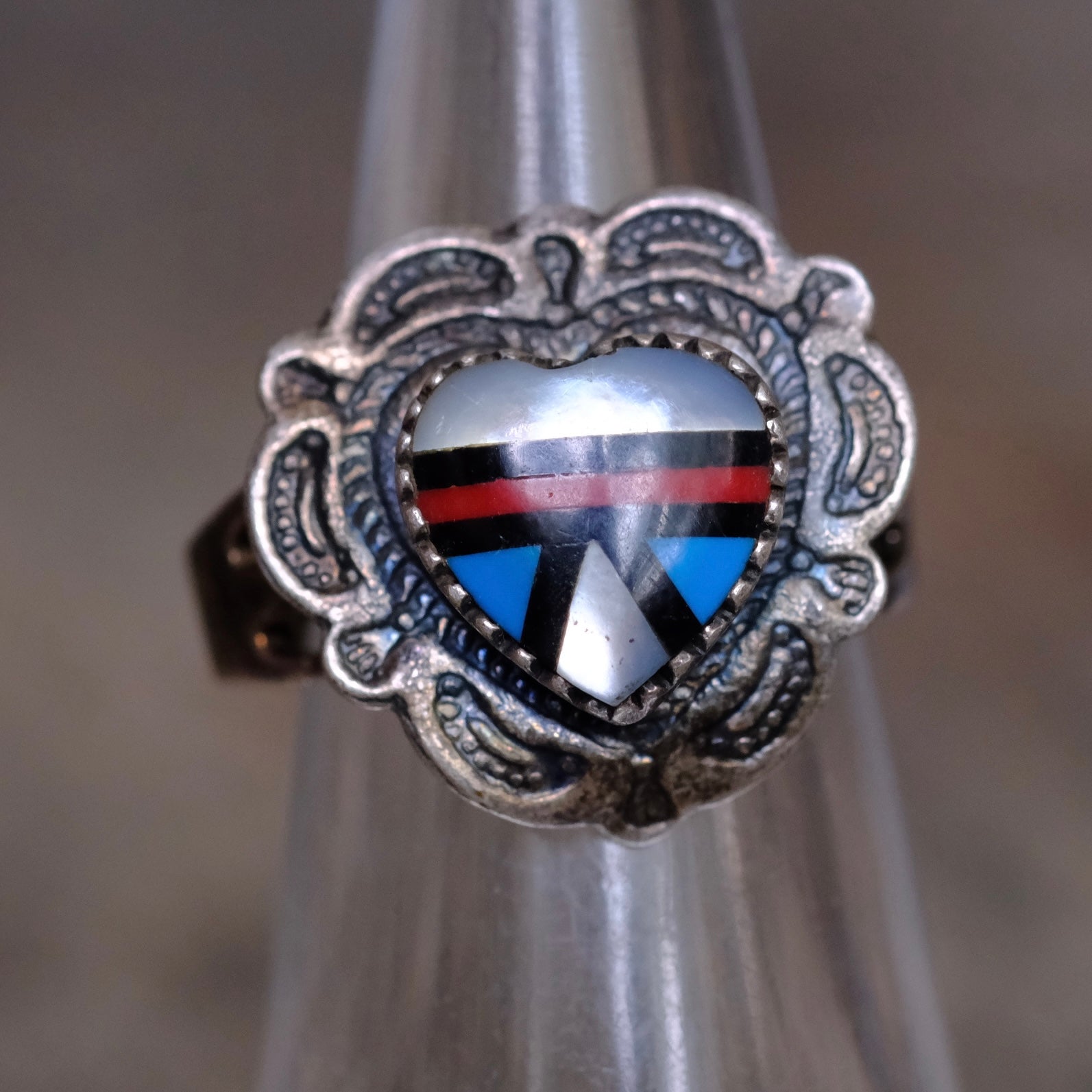 Vintage Sterling Multistone Inlay Heart Ring 5.5
