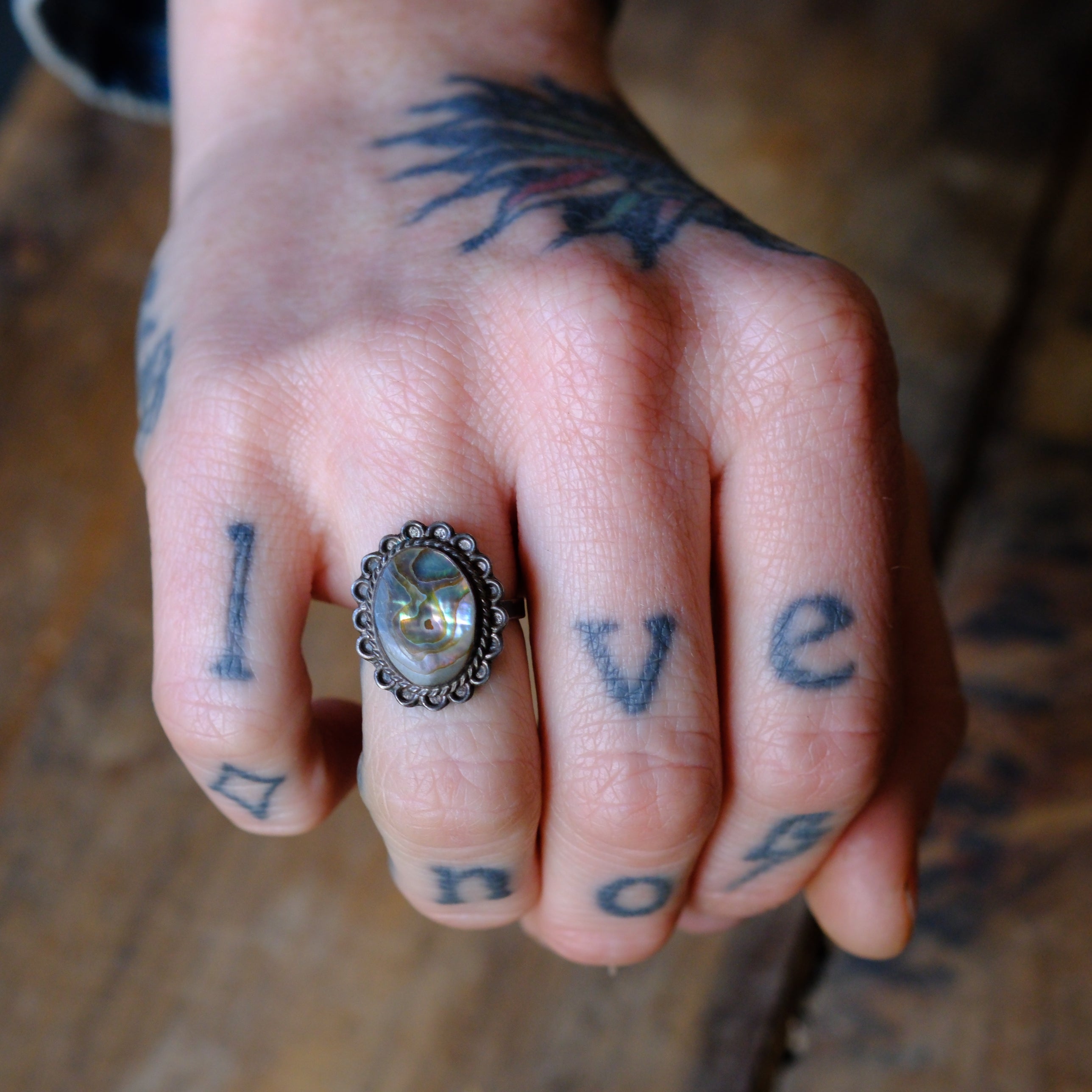 Vintage Sterling Abalone Florette Ring 5.25