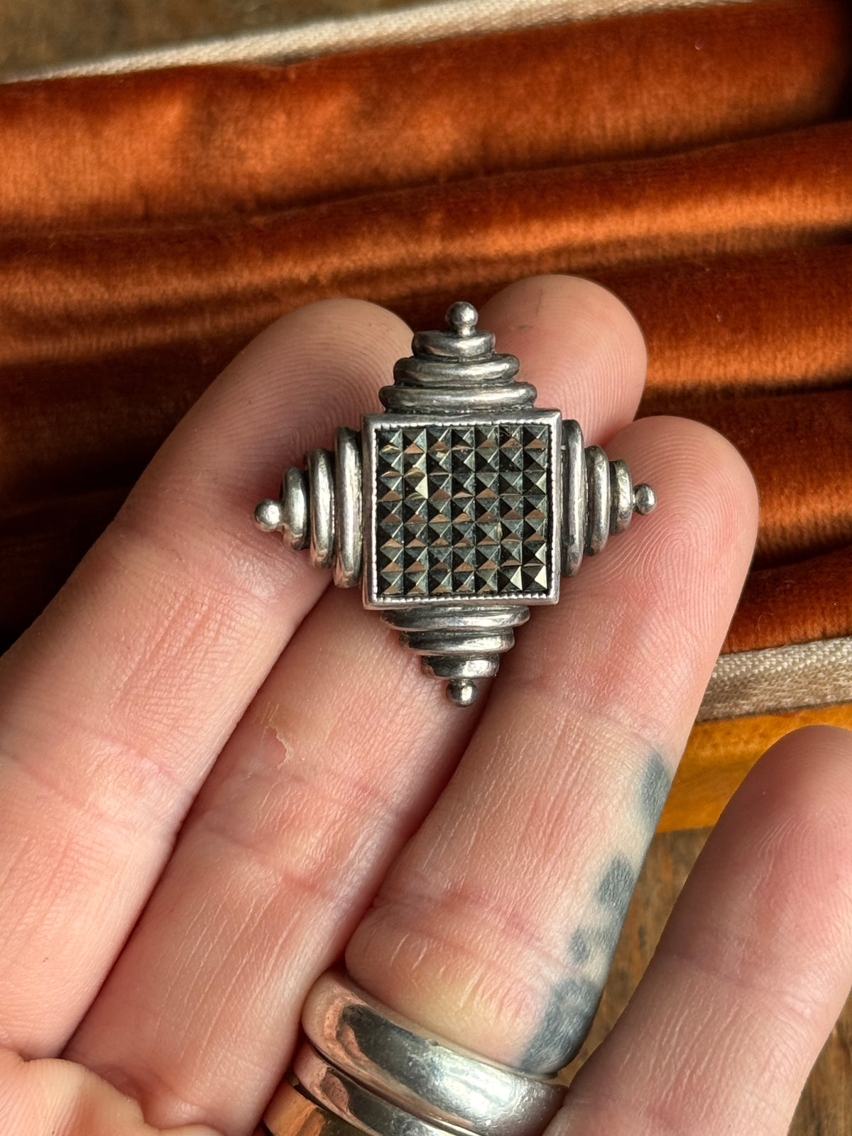 Vintage Sterling Silver Diamond Marcasite Pin