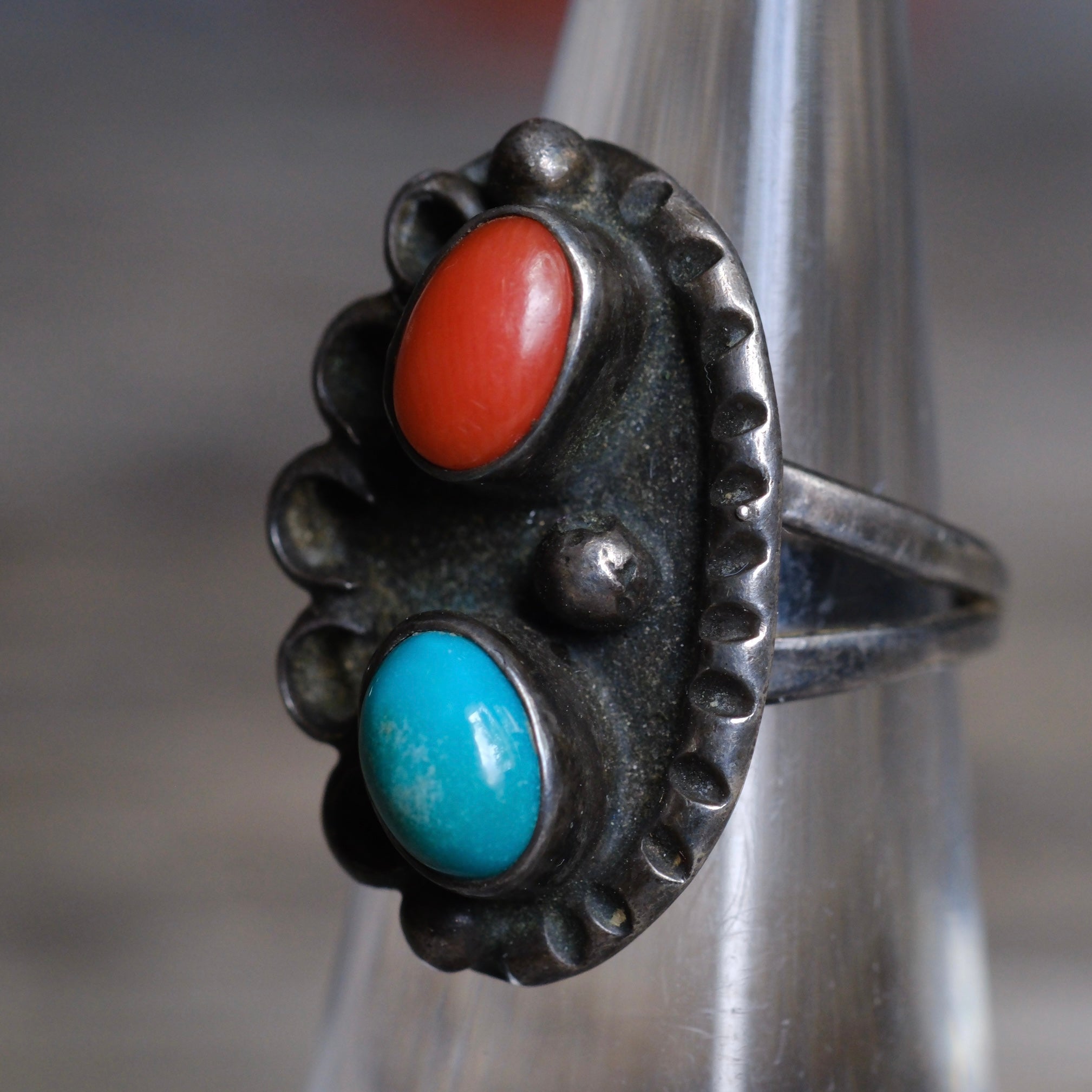 Vintage Sterling Turquoise and Coral Feather Ring 4.75