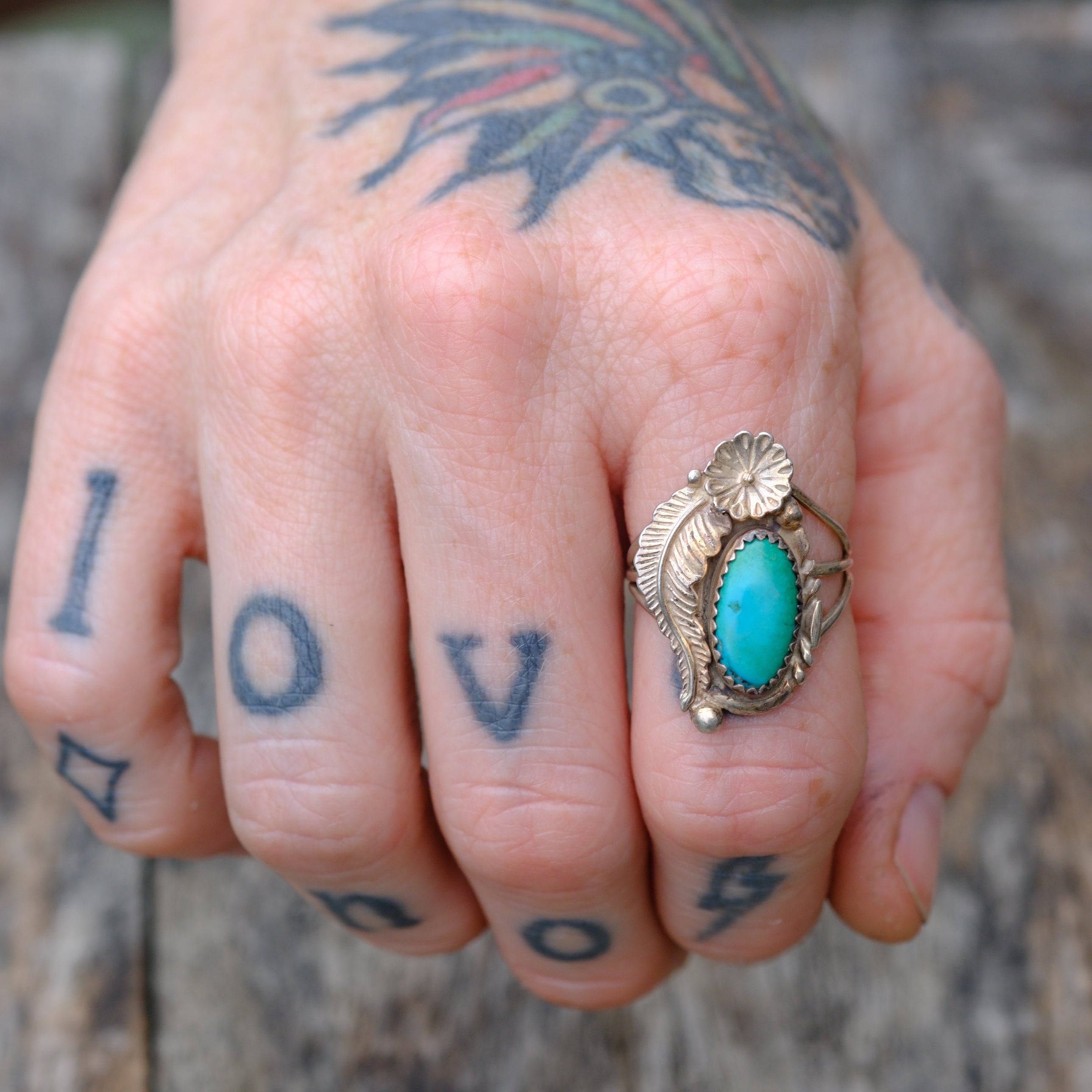 Vintage Sterling Turquoise Feather Ring 7.5