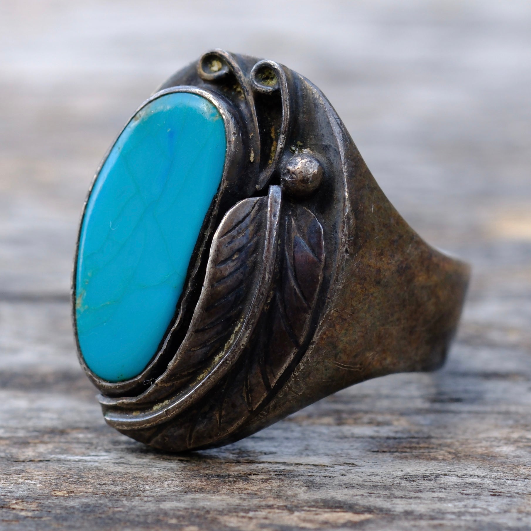 Vintage Sterling Turquoise Feather Ring 10