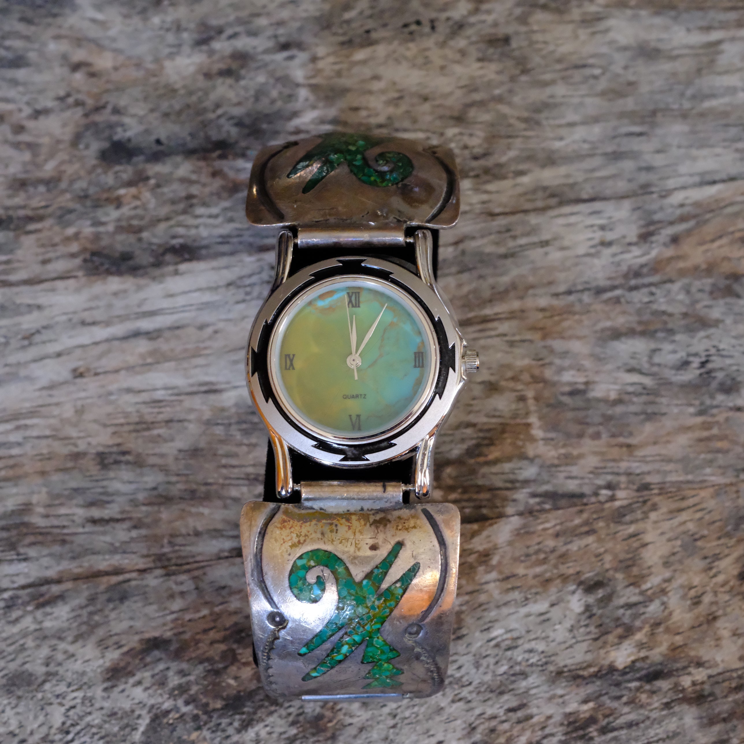 Vintage Sterling Crushed Turquoise Inlay Watch With Turquoise Dial