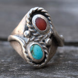 Vintage Sterling Turquoise and Coral Snake Ring 7.25