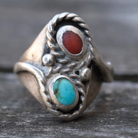 Vintage Sterling Turquoise and Coral Snake Ring 7.25