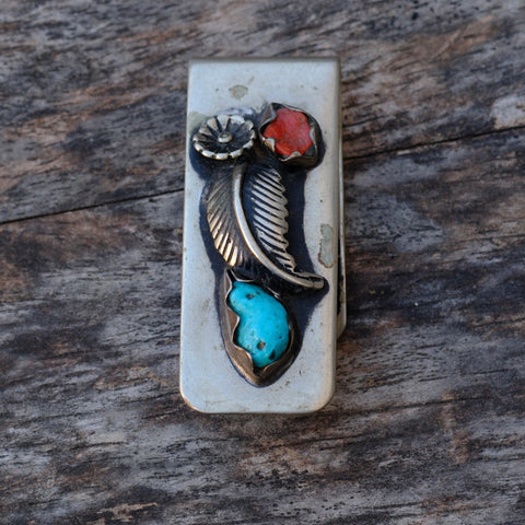 Vintage Sterling Turquoise and Coral Feather Money Clip