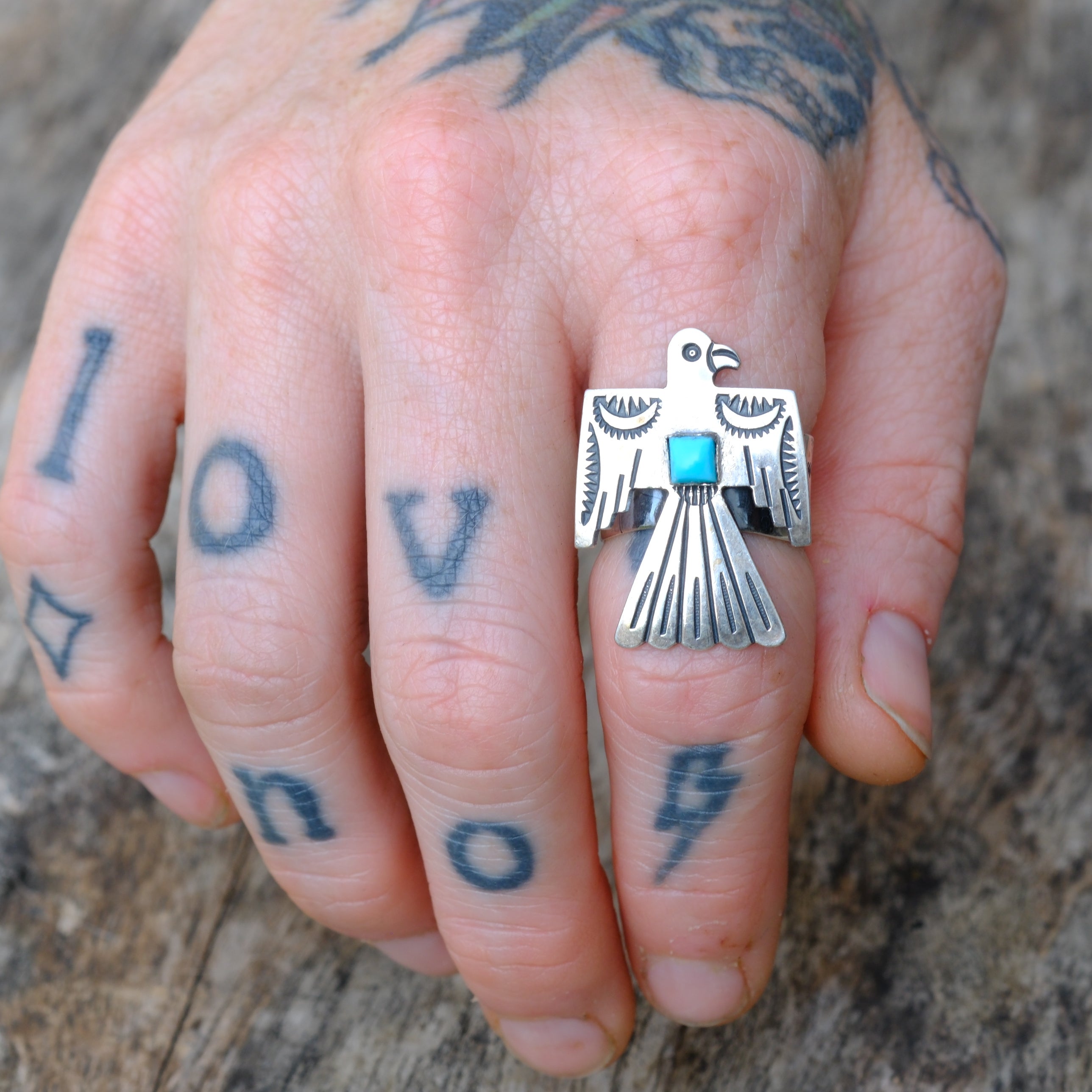Vintage Sterling Turquoise Thunderbird Ring 7.25