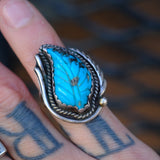 Vintage Sterling Carved Turquoise Feather Ring 4.5