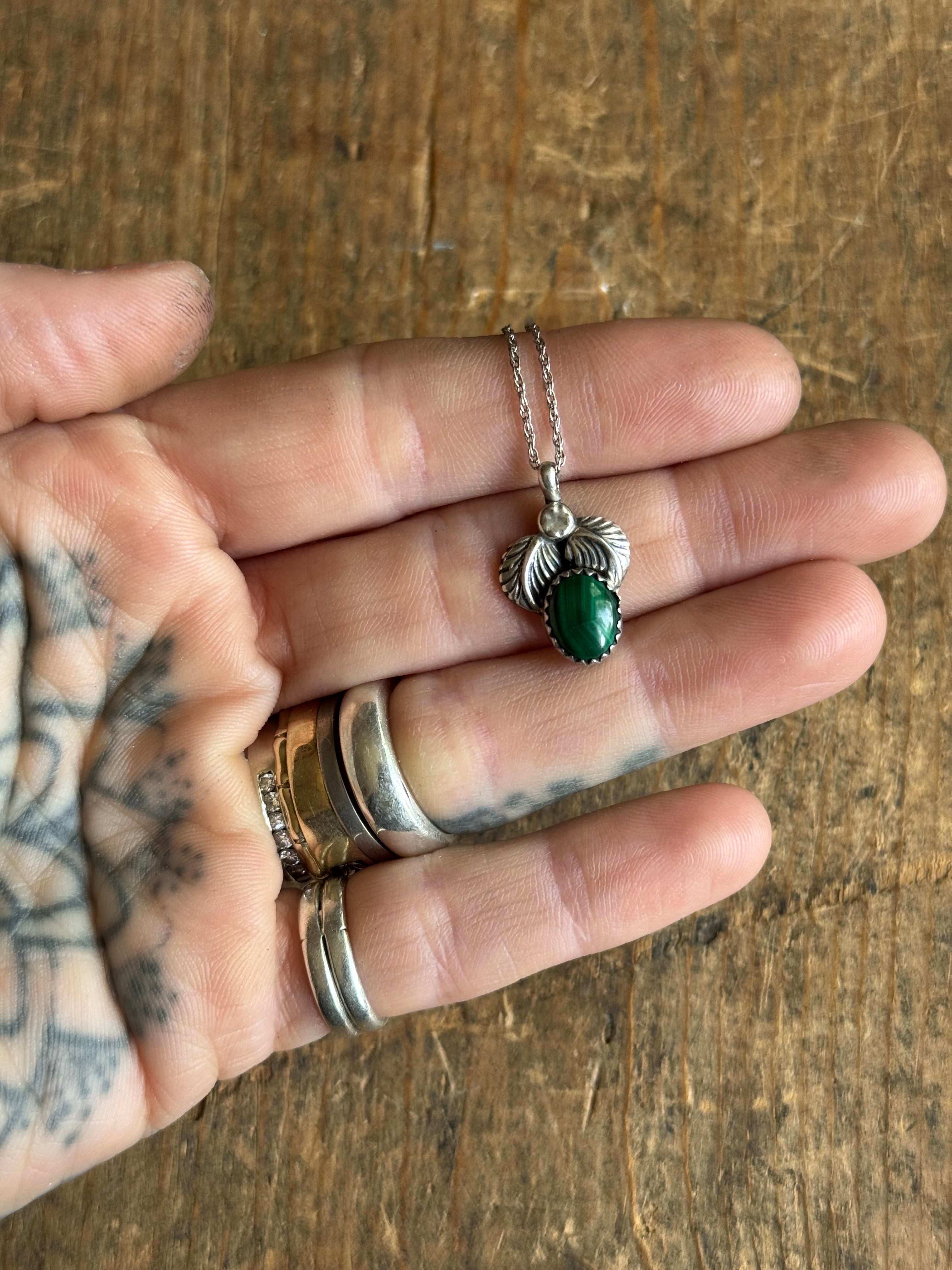 Vintage Sterling Silver Malachite Feather Necklace