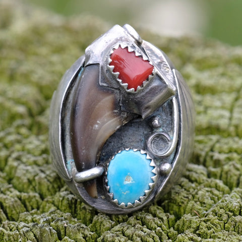 Vintage Sterling Turquoise and Coral Fox Claw Ring 9