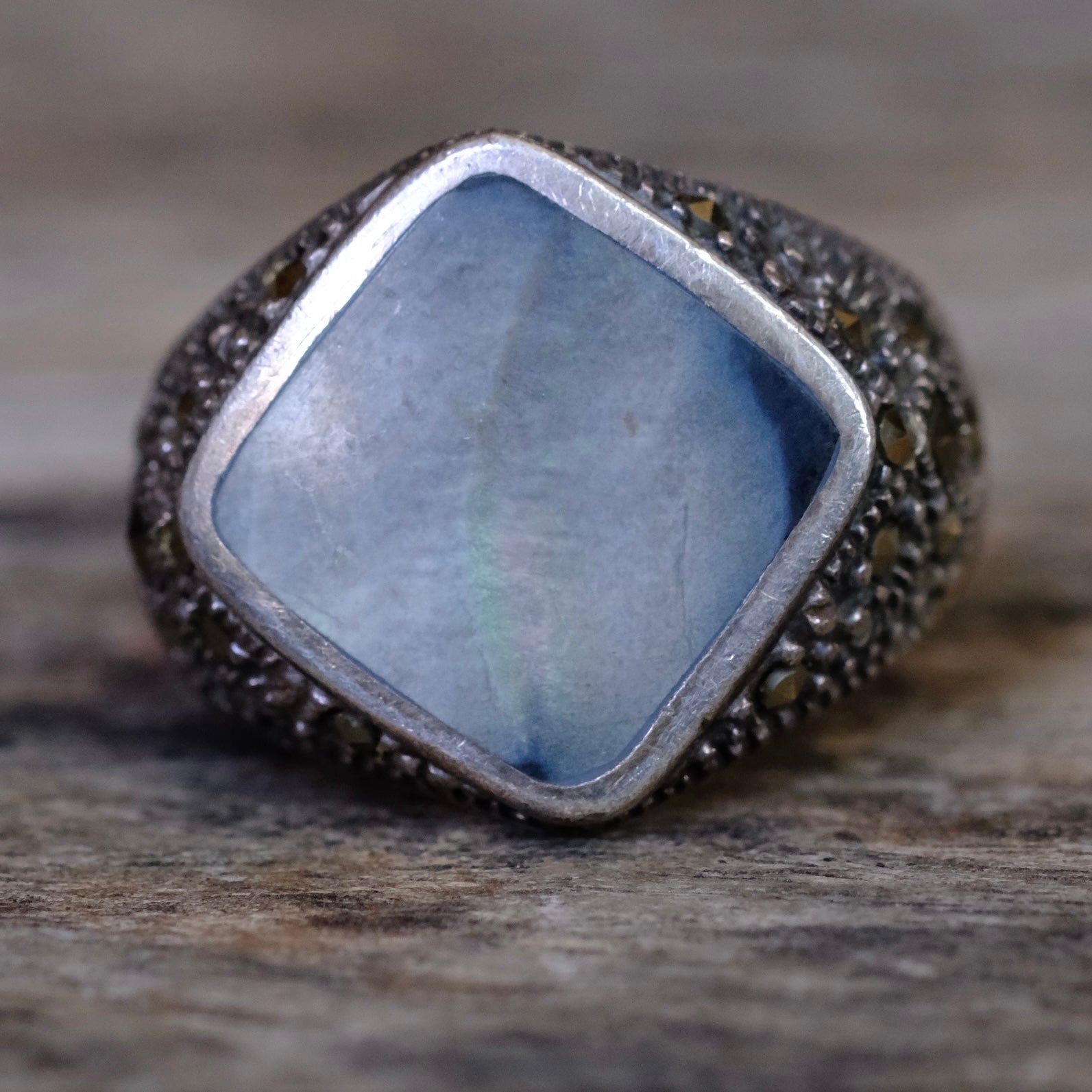 Vintage Sterling Abalone and Marcosite Signet Ring 8.75