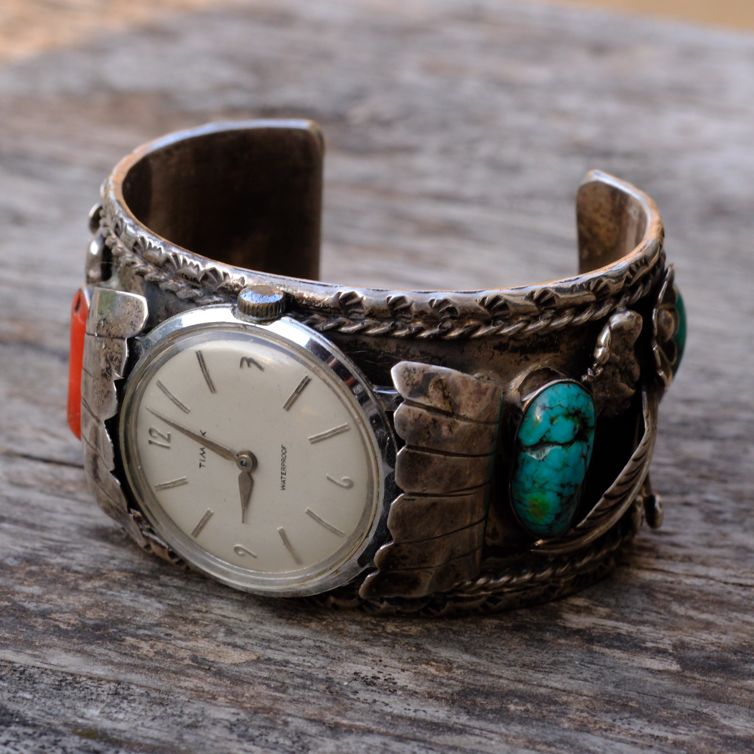 Heavy Vintage Sterling Turquoise and Coral  Cuff Watch Cuff Bracelet