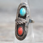 Vintage Sterling Turquoise and Coral Feather Ring 4
