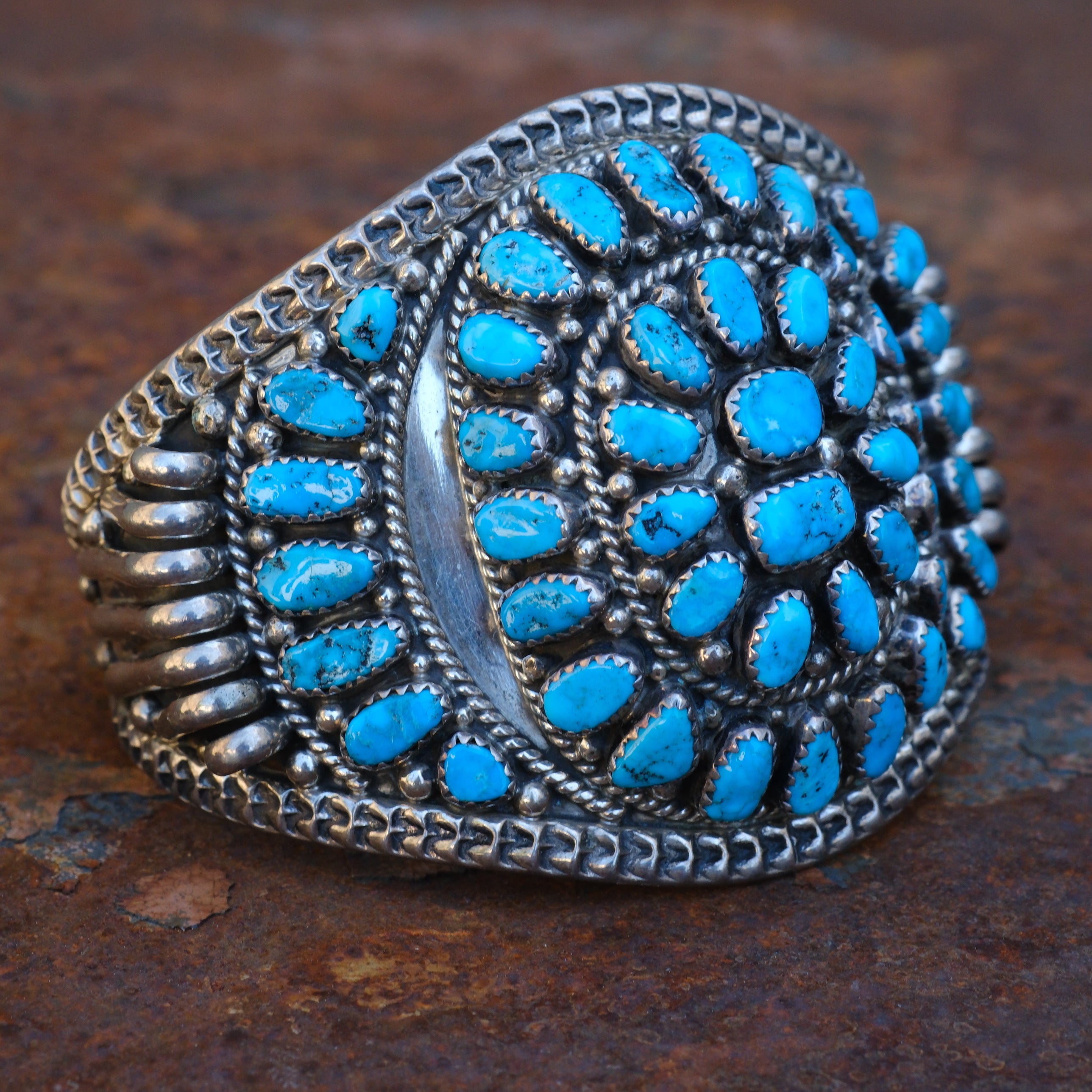 Huge Vintage Sterling Turquoise Inlay Cluster Cuff