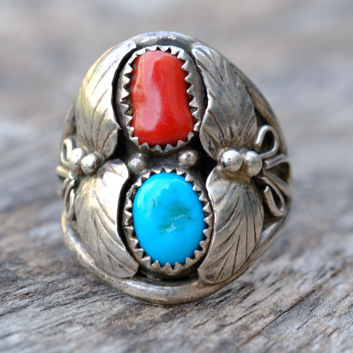 Vintage Sterling Turquoise and Coral Feather Ring 11