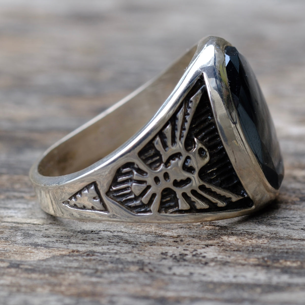 Vintage Sterling Hematite Thunderbird Ring 13