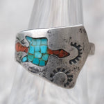 Vintage Sterling Crushed Turquoise and Coral Inlay Waterbird Ring 7.5