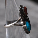 Vintage Sterling Turquoise and Coral Feather Ring 5.75