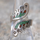 Vintage Sterling Turquoise and Coral Inlay Overpass Ring 7.5