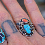 Vintage Sterling Turquoise and Coral Ring 8.5