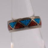 Vintage Sterling Crushed Turquoise and Coral Band Ring 5