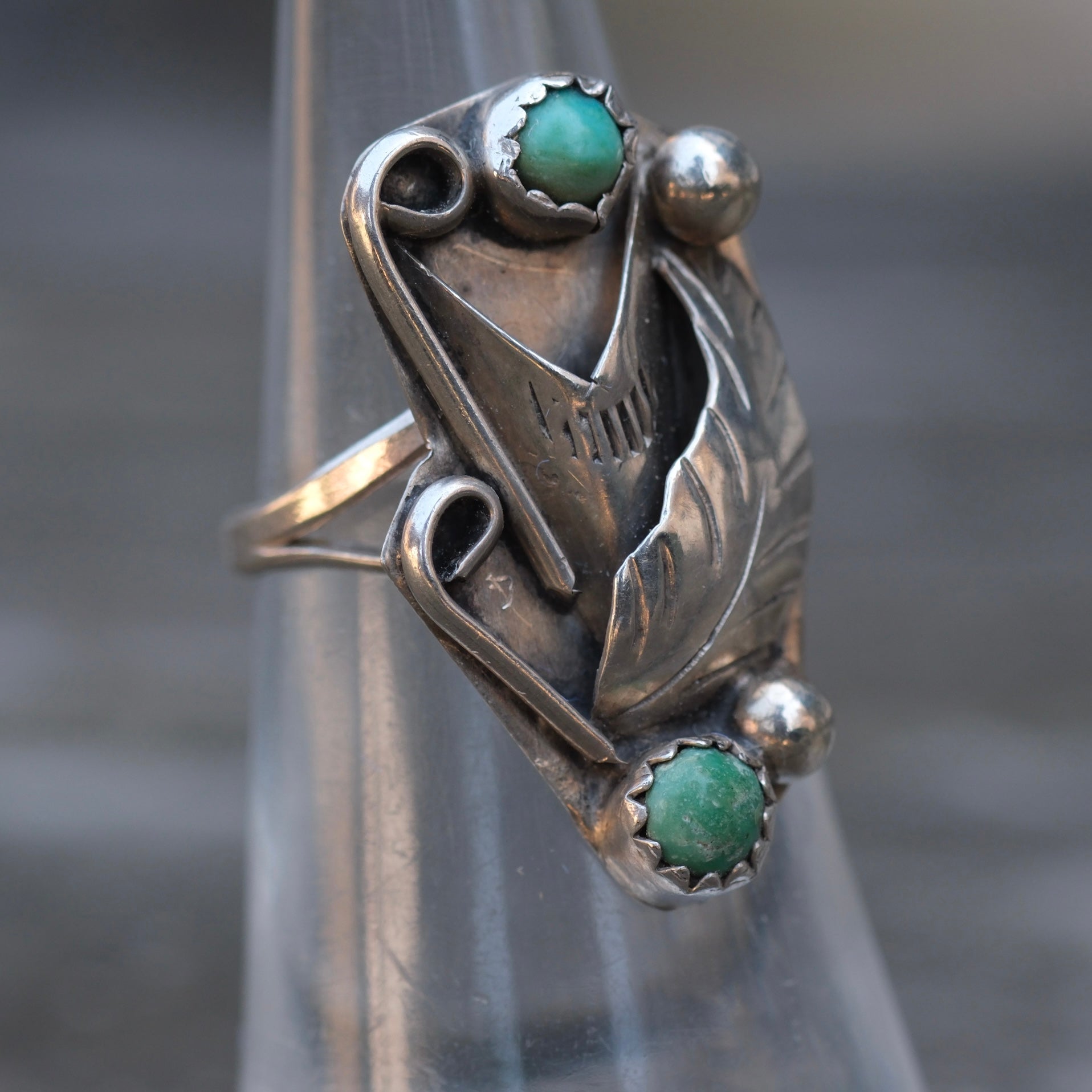 Vintage Sterling 2-Stone Turquoise Feather Ring 5.5