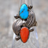 Vintage Sterling Turquoise and Coral Feather Ring 5.75